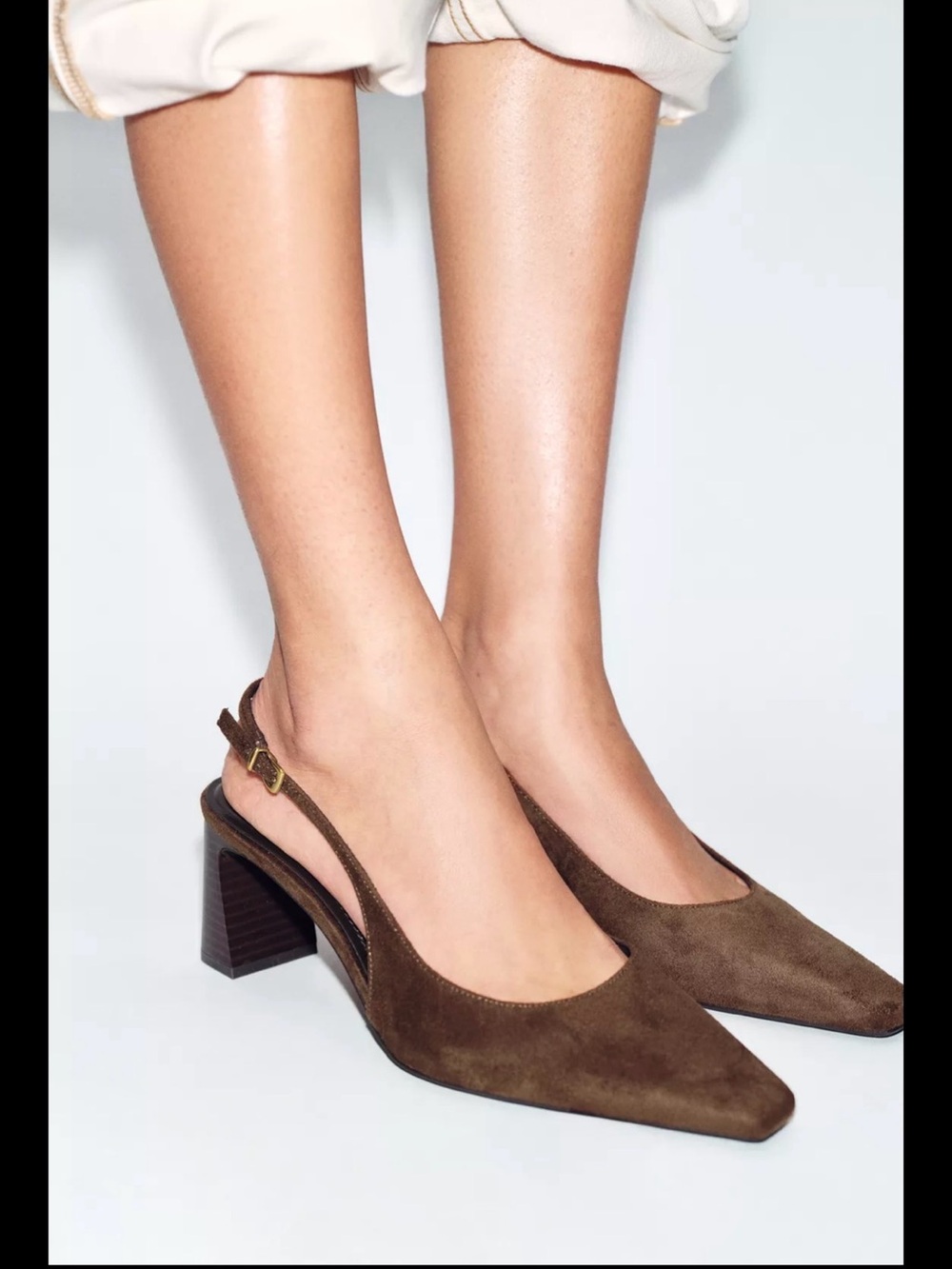 Zara Brown Suede Slingback Block Heel Pumps